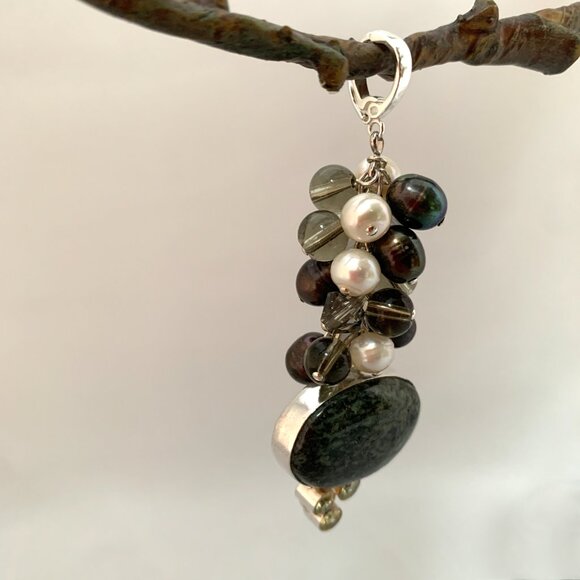 Pearl Dangle Pendant with Swarovski Crystals, Jasper Gemstone - Sterling Silver - Picture 5 of 5